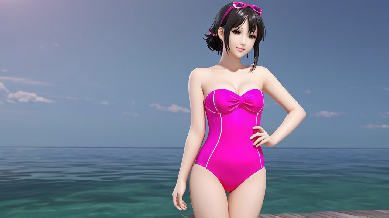 Young Woman in Pink Swimsuit on Pier by Ocean