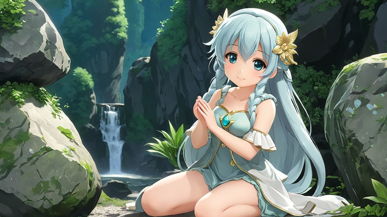 Serene Girl by Waterfall in Lush Greenery