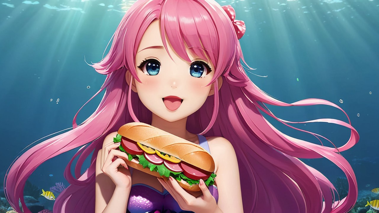 Cheerful character with pink hair holds sandwich underwater