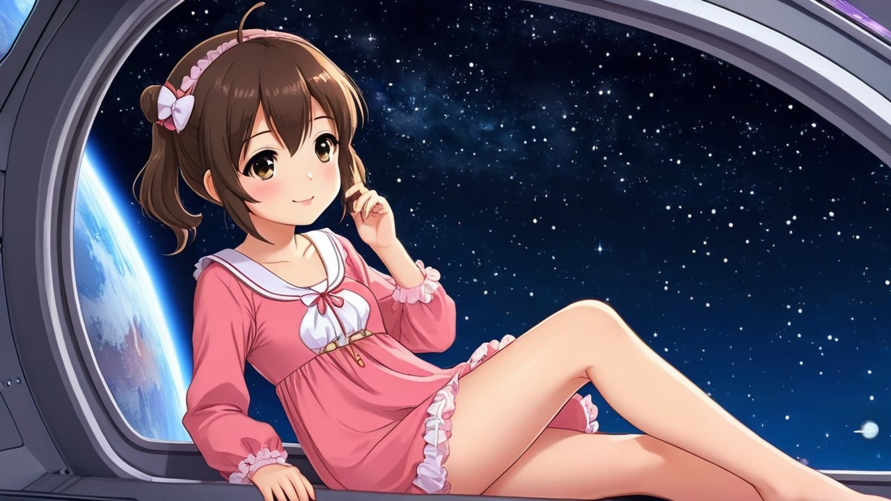 Young girl in pink outfit gazes at stars from space