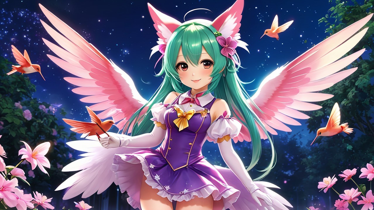 Vibrant Anime Character in Moonlit Garden Setting