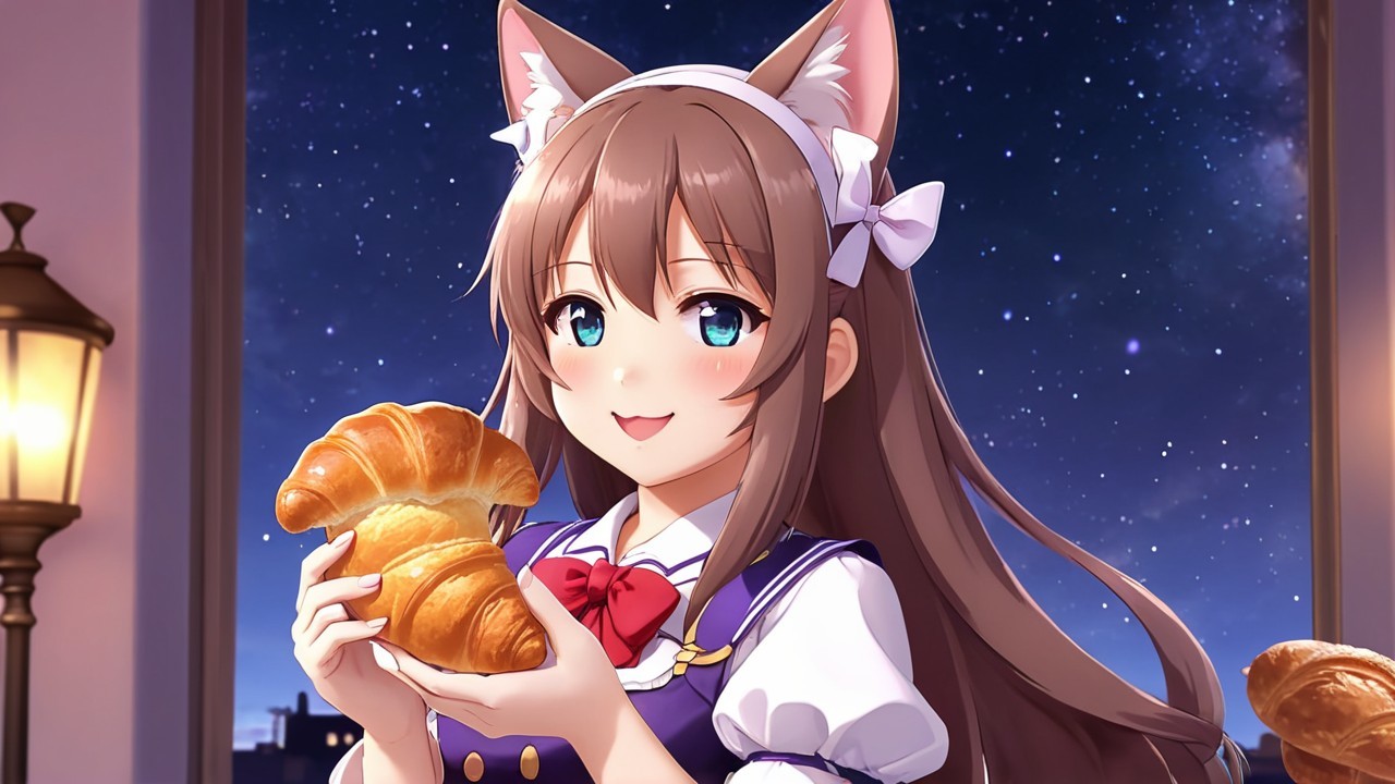 Cheerful character with cat ears and croissant by window