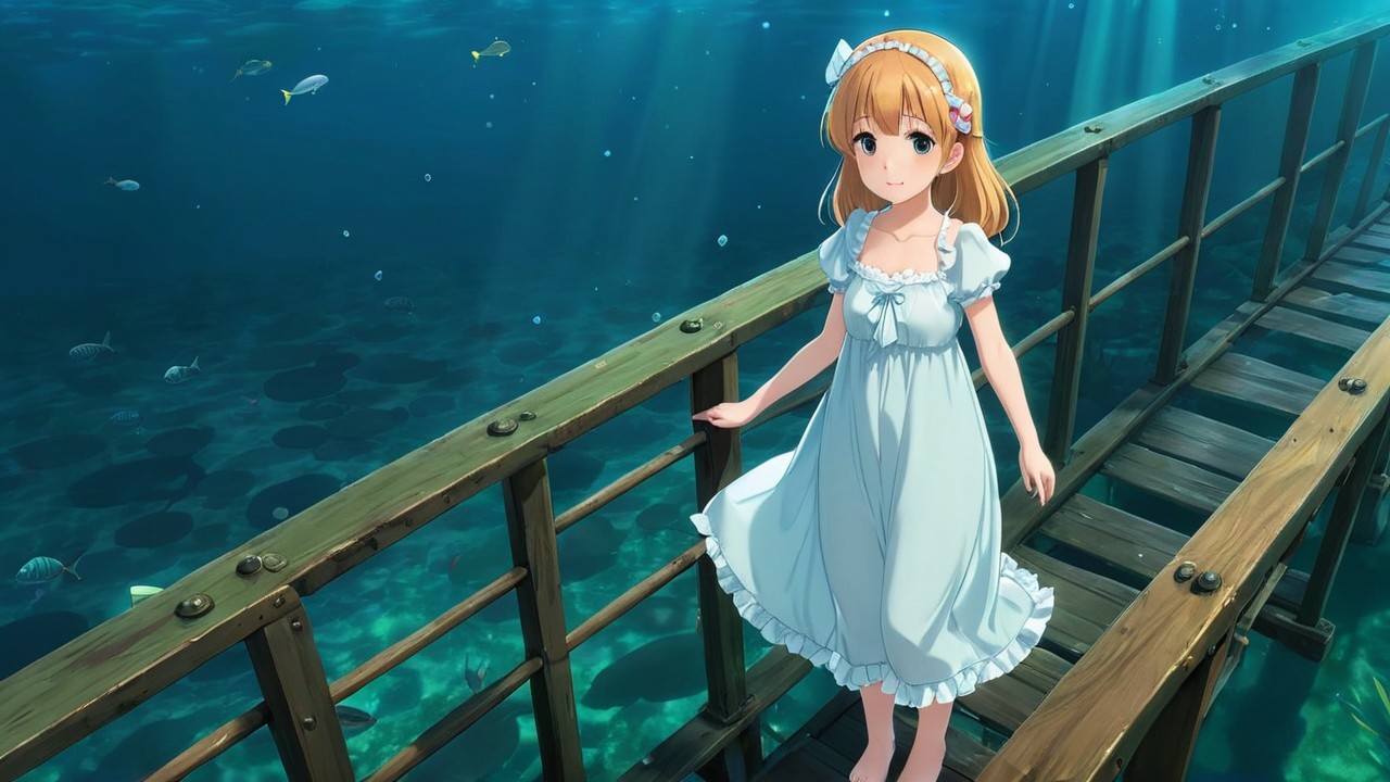 Young girl on bridge over serene underwater scene