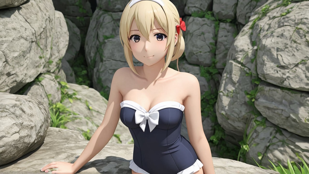 Stylized Animated Character in Navy Blue Swimsuit