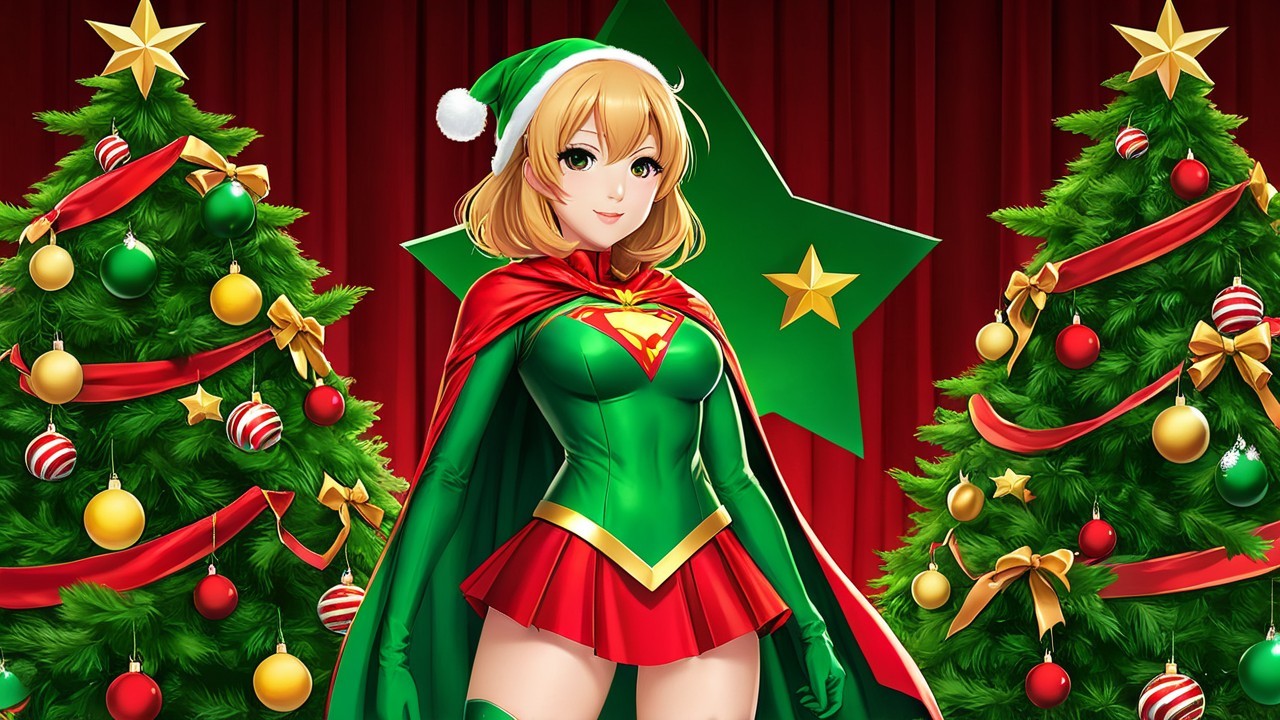 Festive Superheroine in Holiday-Themed Outfit