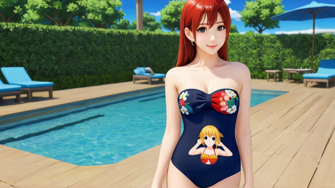 Young woman in floral swimsuit by blue poolside
