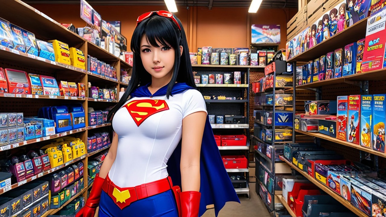 Young woman in superhero outfit among colorful toys
