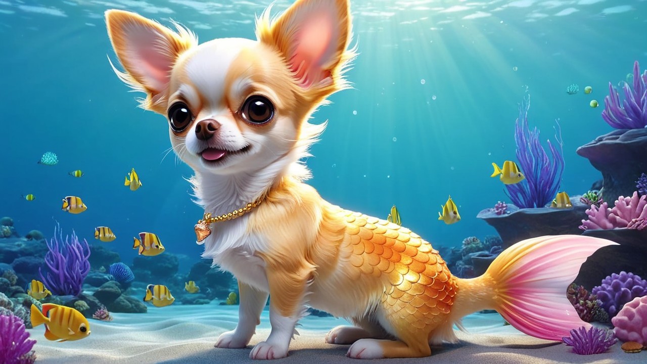 Whimsical Underwater Scene with Chihuahua and Mermaid Tail