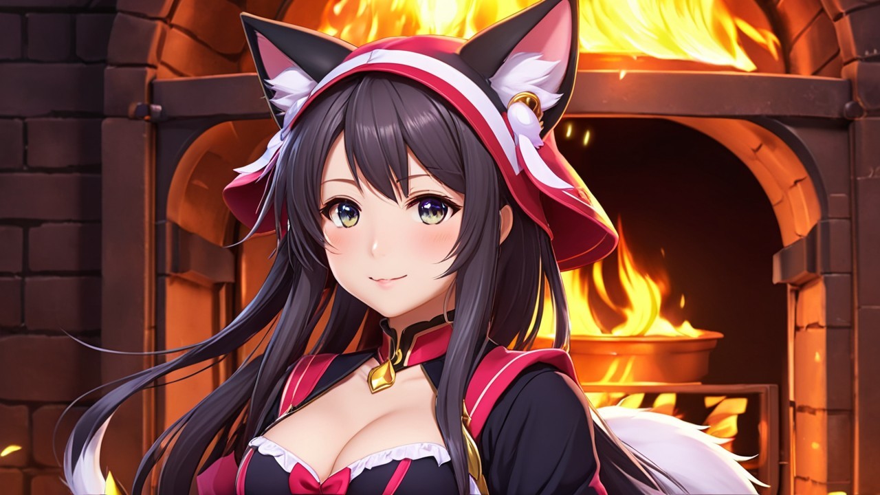 Character with Black Hair and Cat Ears by Fireplace