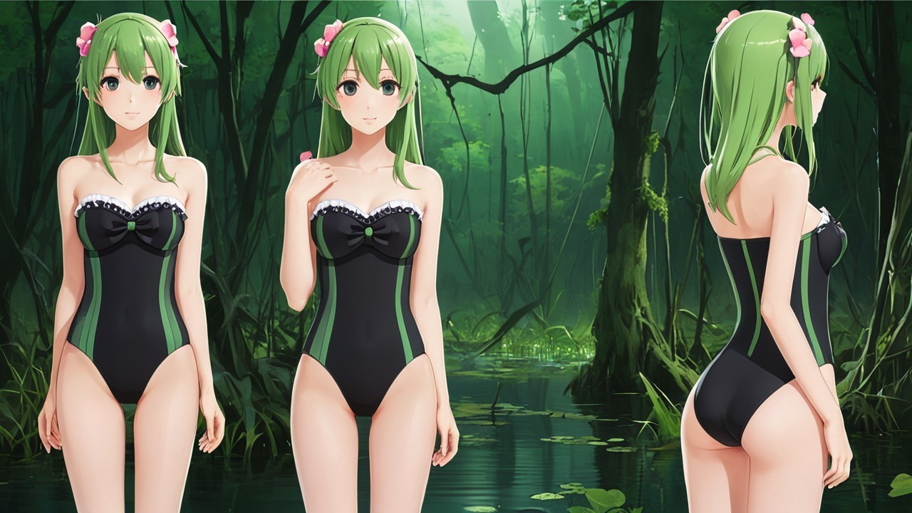 Anime Character in Black Swimsuit in Jungle Setting
