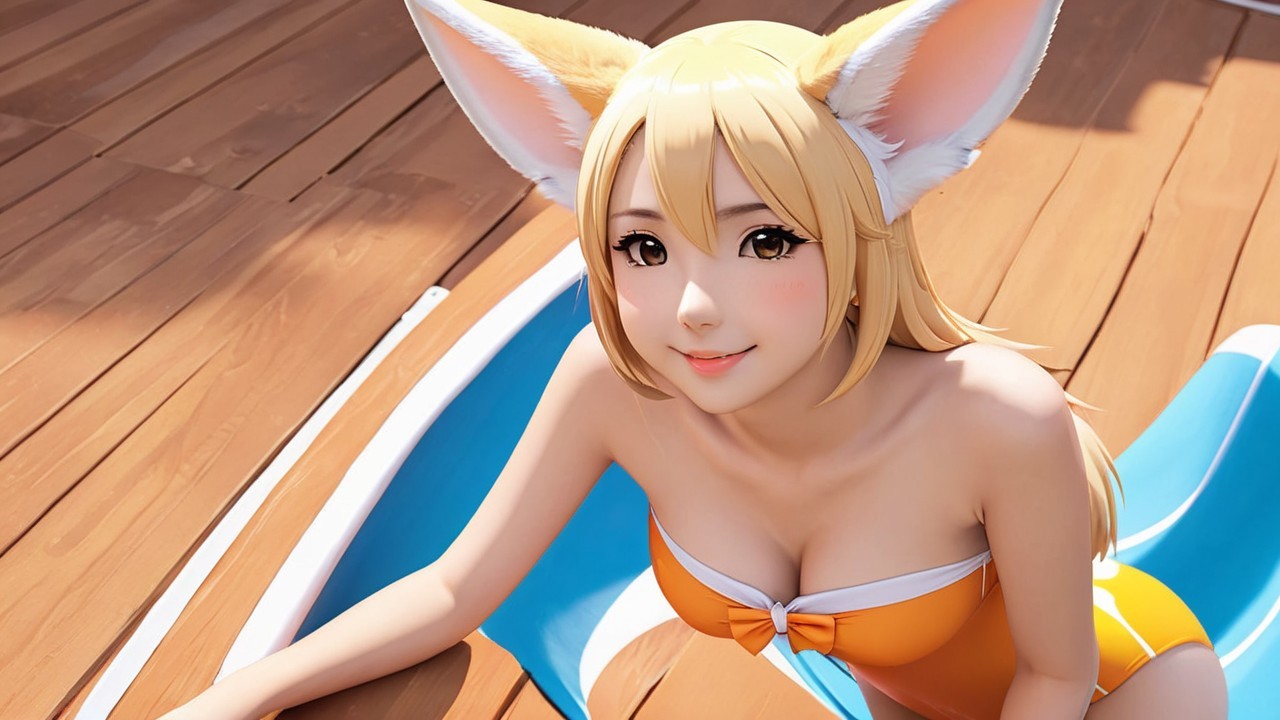 Playful anime character on a blue float in summer