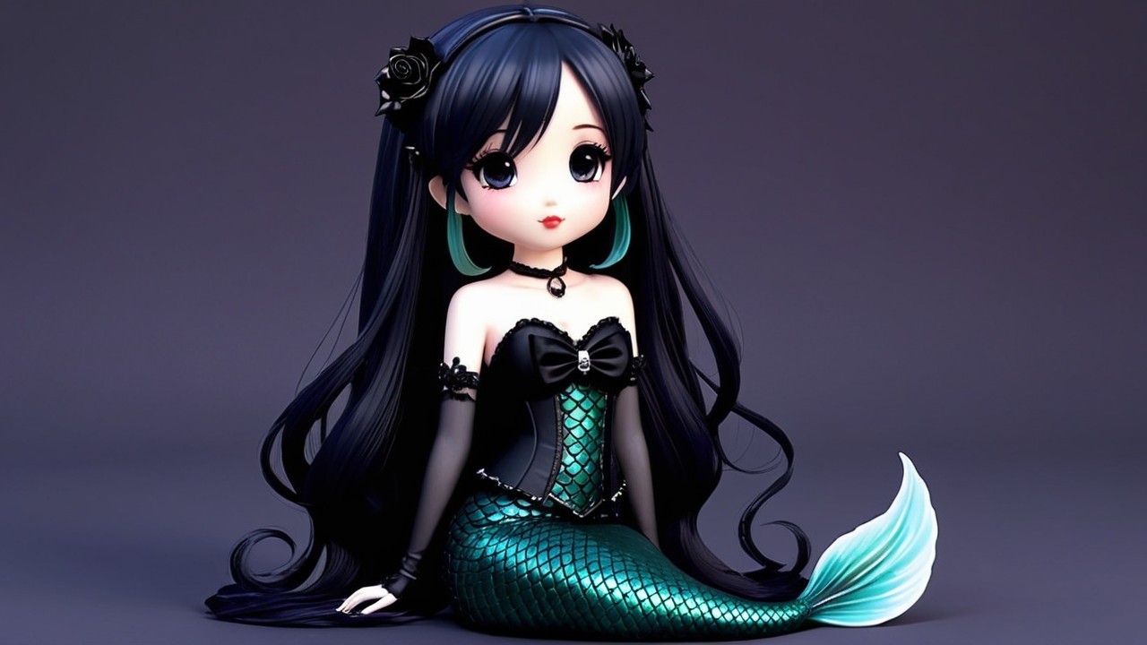 Anime-Inspired Mermaid Doll with Black Hair and Tail