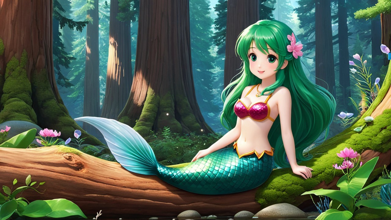 Whimsical Mermaid in a Vibrant Forest Setting