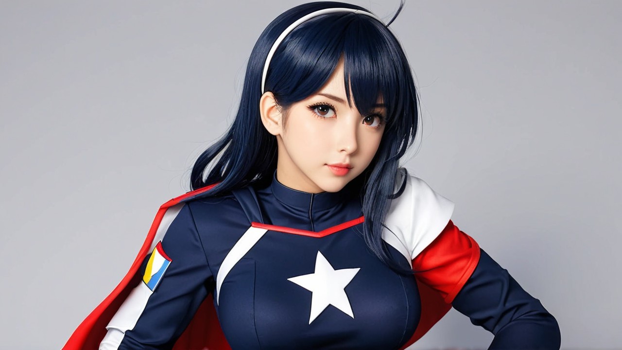 Young woman in vibrant superhero costume with star design