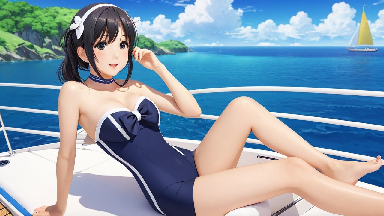 Young Woman Relaxing on Yacht in Navy Blue Swimsuit
