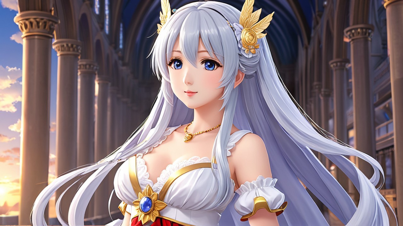 Character with Silver Hair in Elegant Dress and Architecture