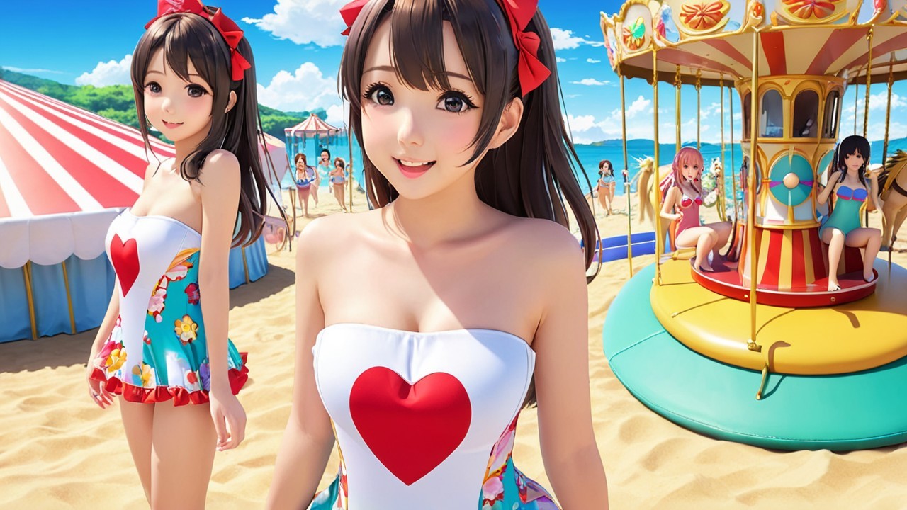 Vibrant Beach Scene with Colorful Swimsuits and Carnival