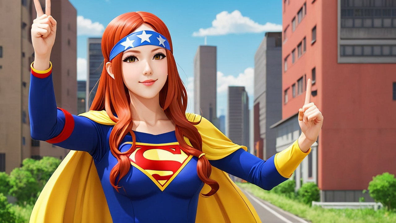 Superheroine in Blue Outfit with Red Emblem in City
