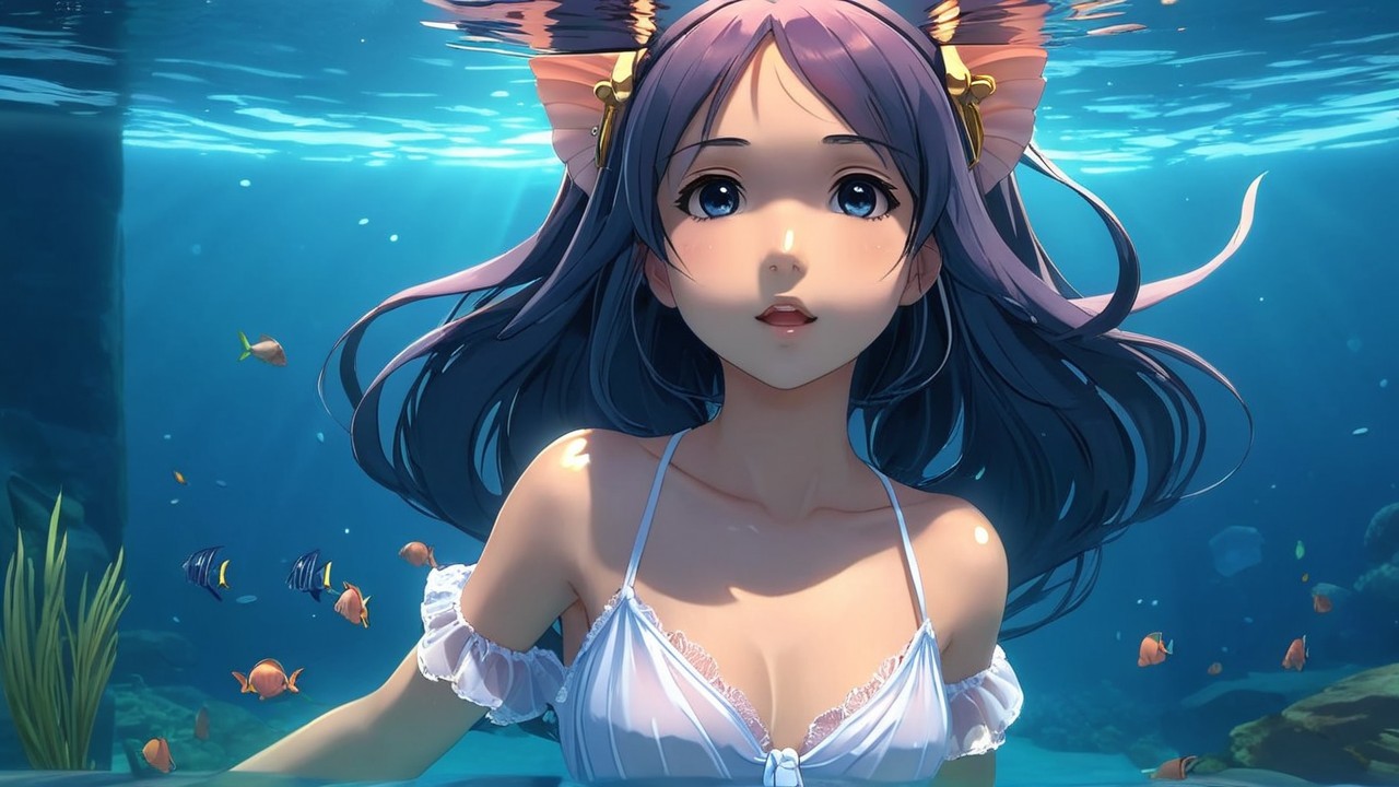 Young woman submerged in serene underwater scene