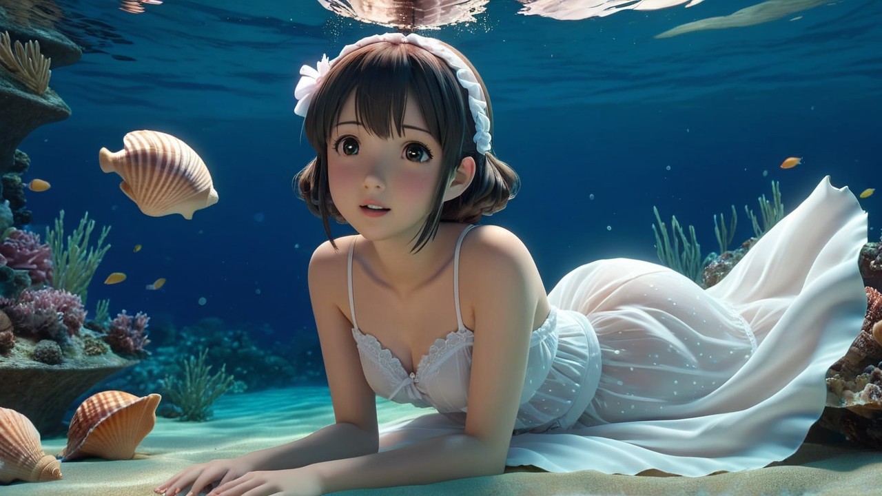 Underwater Scene with Woman in White Dress and Coral