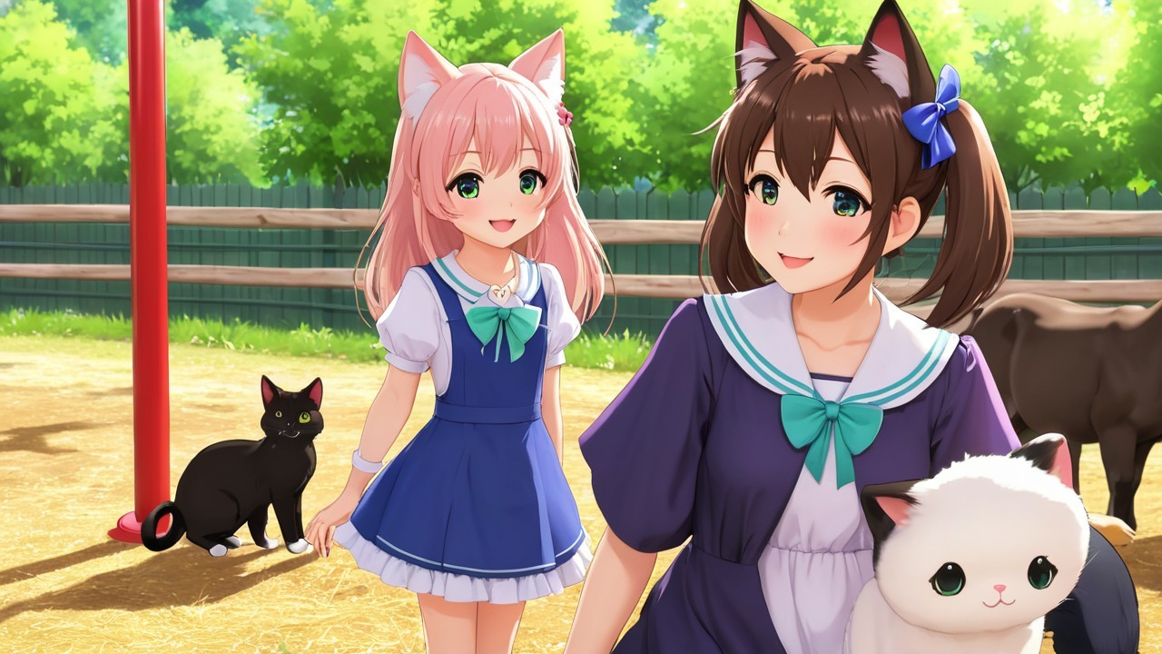 Cheerful girls with cat ears in sunny outdoor setting