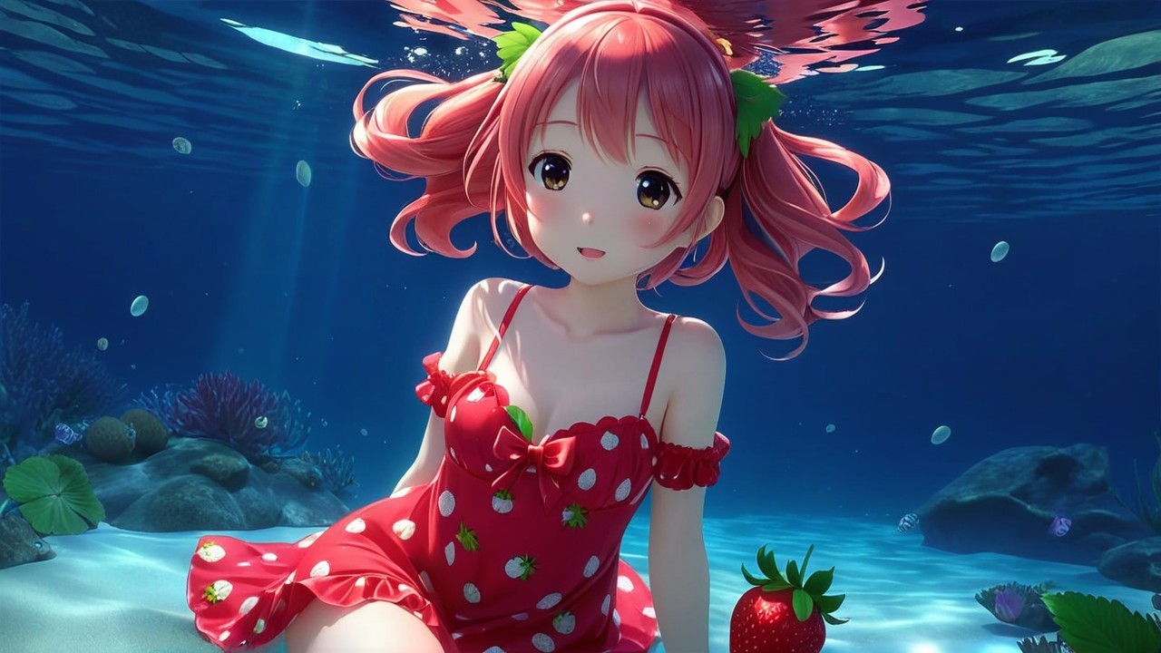 Cheerful anime girl swimming underwater with strawberries