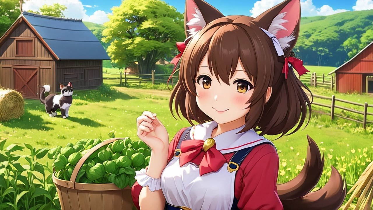 Cheerful Girl with Cat Ears in Vibrant Countryside