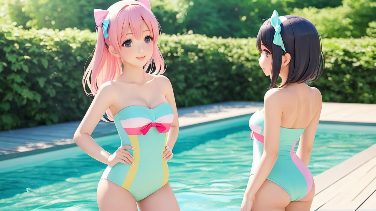 Animated Characters by a Swimming Pool in Swimsuits