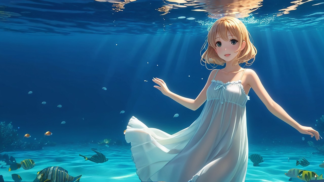 Young girl in white dress floating underwater with fish