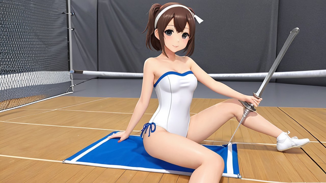 Stylized anime character in sporty indoor setting
