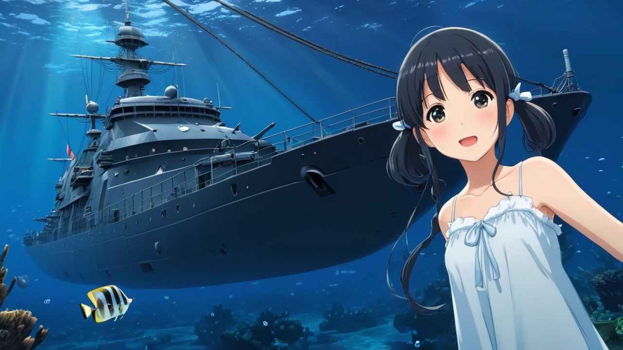 Cheerful girl with pigtails near majestic ship underwater
