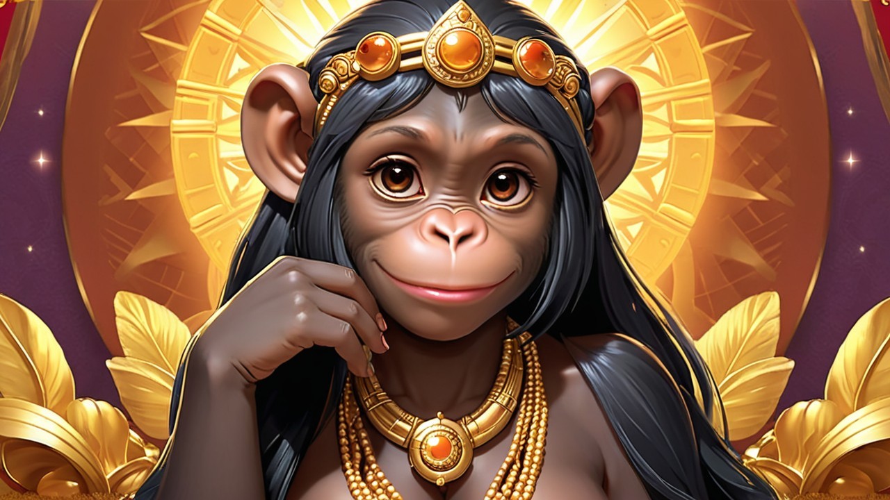 Stylized monkey character with jewelry and sun motif