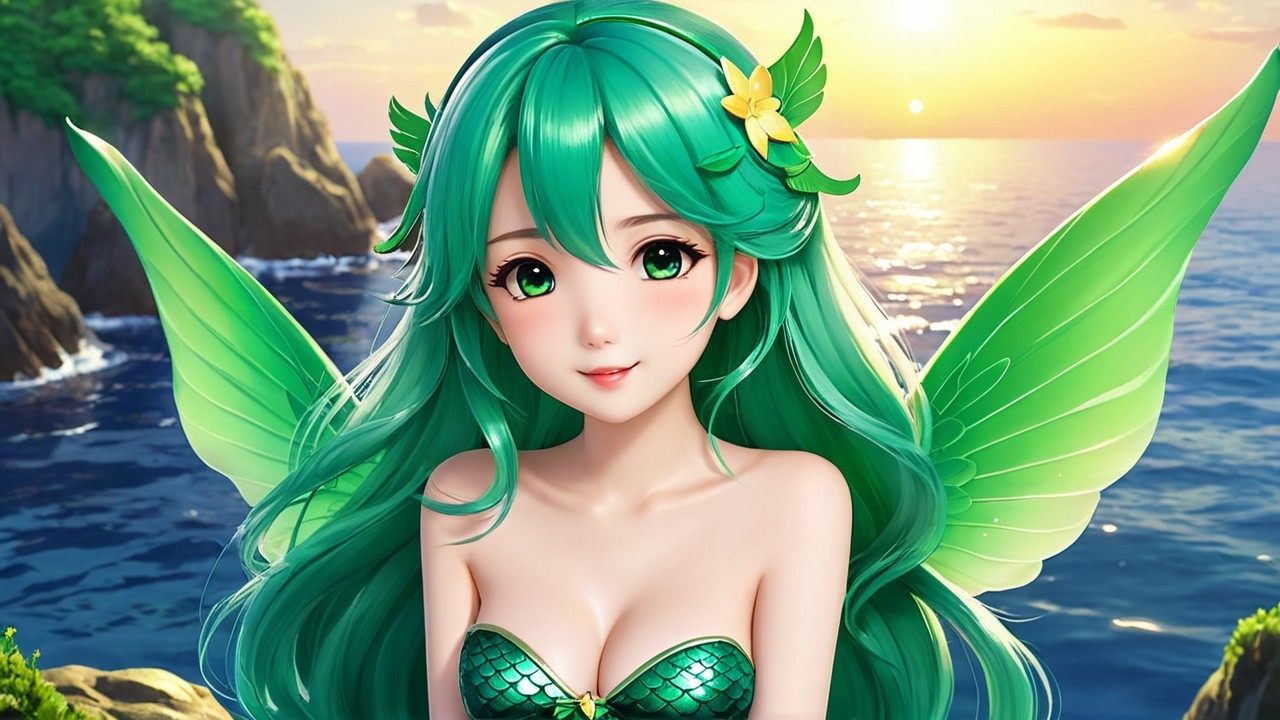 Whimsical Character with Green Hair and Leafy Wings