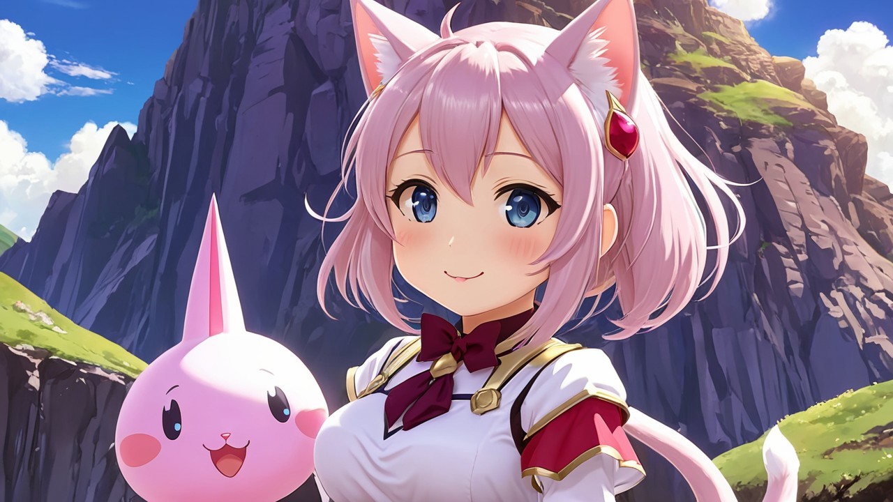 Cheerful girl with pink hair and whimsical creature