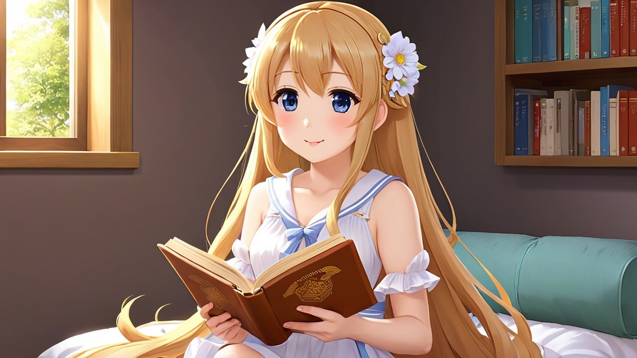 Young girl reading on a bed in a cozy room