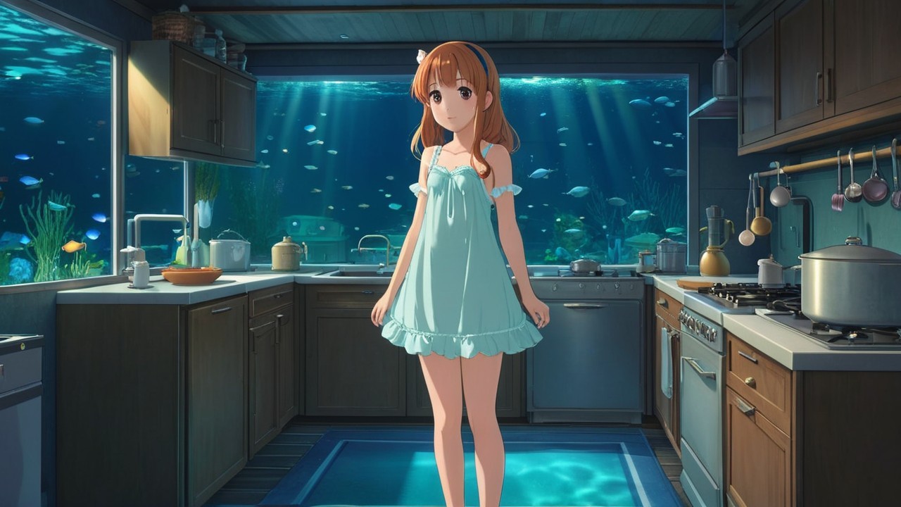 Young girl in blue dress in modern kitchen with view