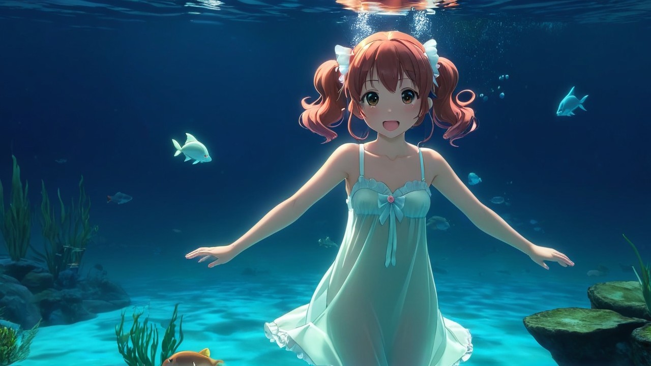 Cheerful girl with orange hair swimming underwater