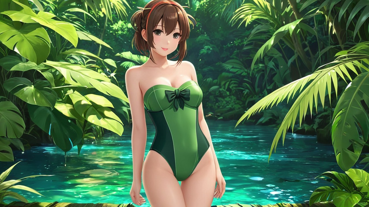 Young Woman in Green Swimsuit in Jungle Setting