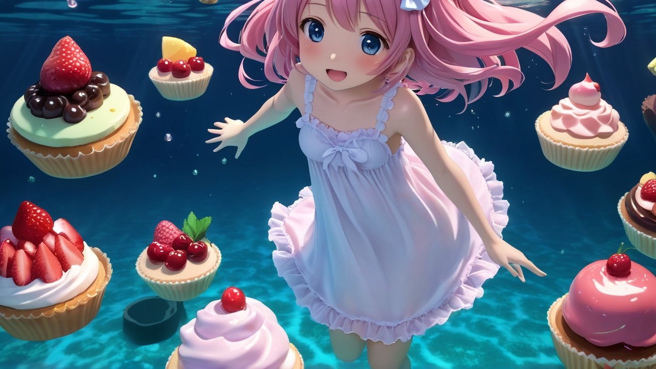 Joyful character with pink hair swimming among cupcakes