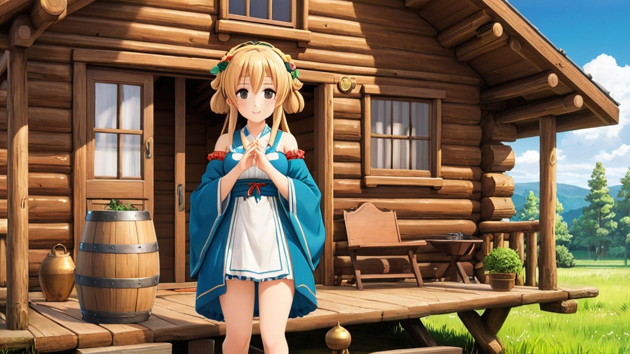 Young girl in blue kimono at wooden cabin porch