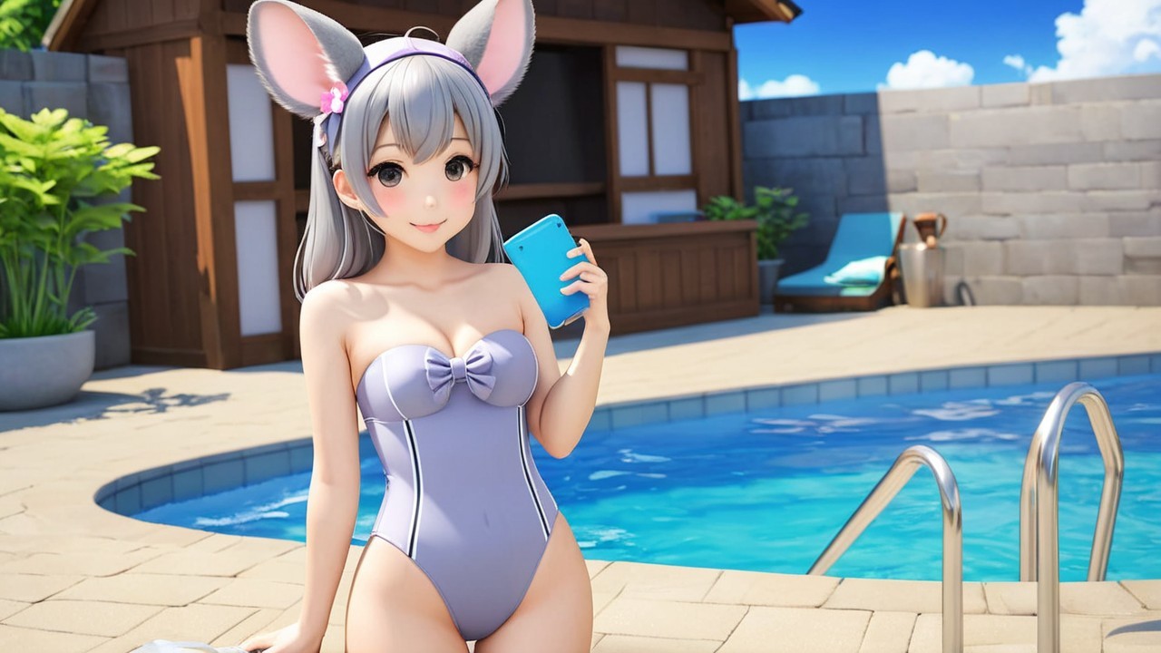 Cheerful anime girl by shimmering pool in lavender swimsuit