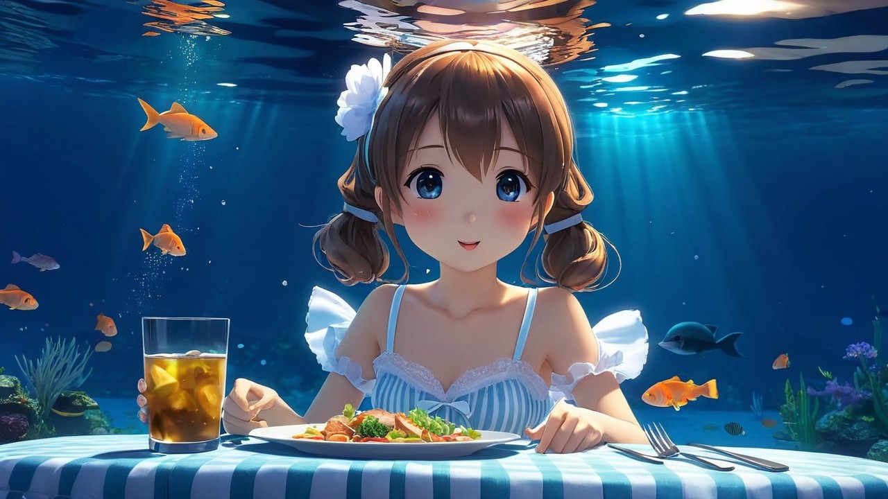 Underwater Scene with Girl, Meal, and Colorful Fish