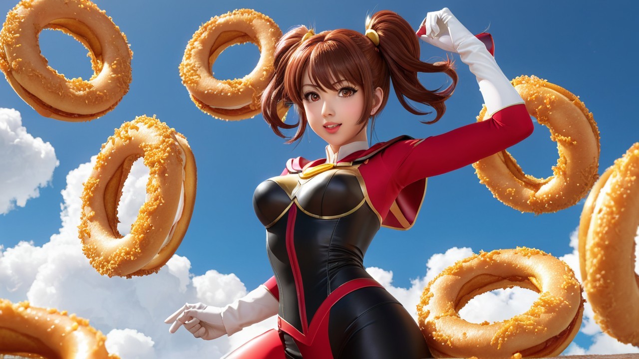 Superheroine with Pigtails and Floating Donuts