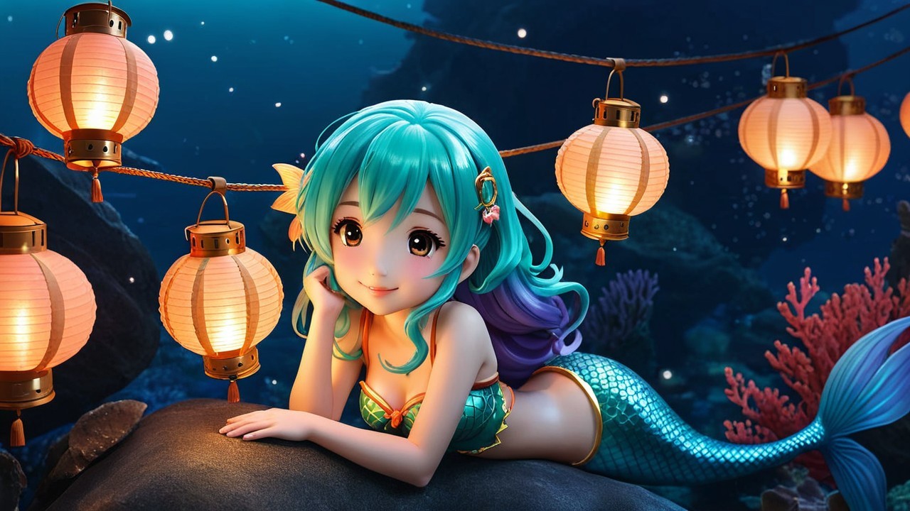 Animated mermaid with vibrant hair in underwater scene