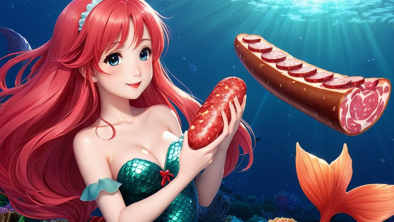 Vibrant underwater scene with a whimsical mermaid character