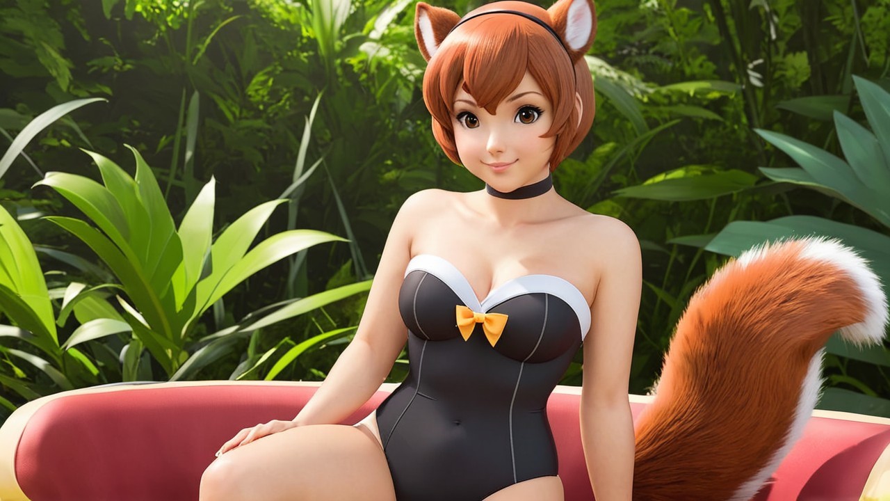 Stylized female character with fox ears on sofa