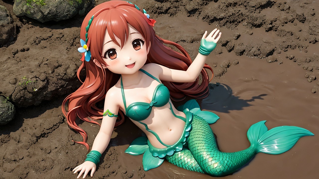 Cheerful mermaid with reddish-brown hair and green tail