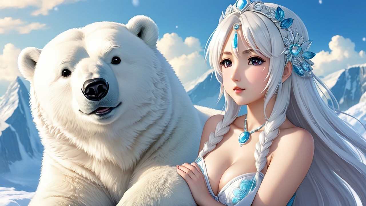 Young Woman and Polar Bear in Snowy Landscape