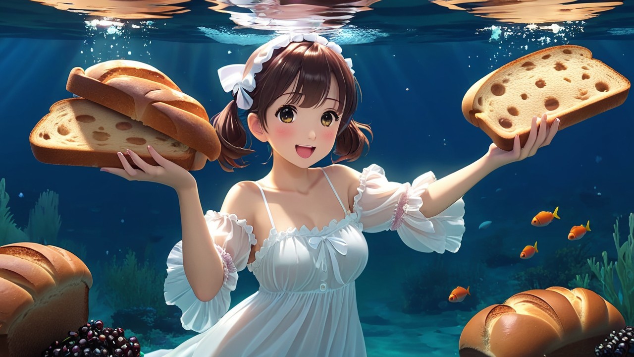Young girl in white dress underwater with bread and fish