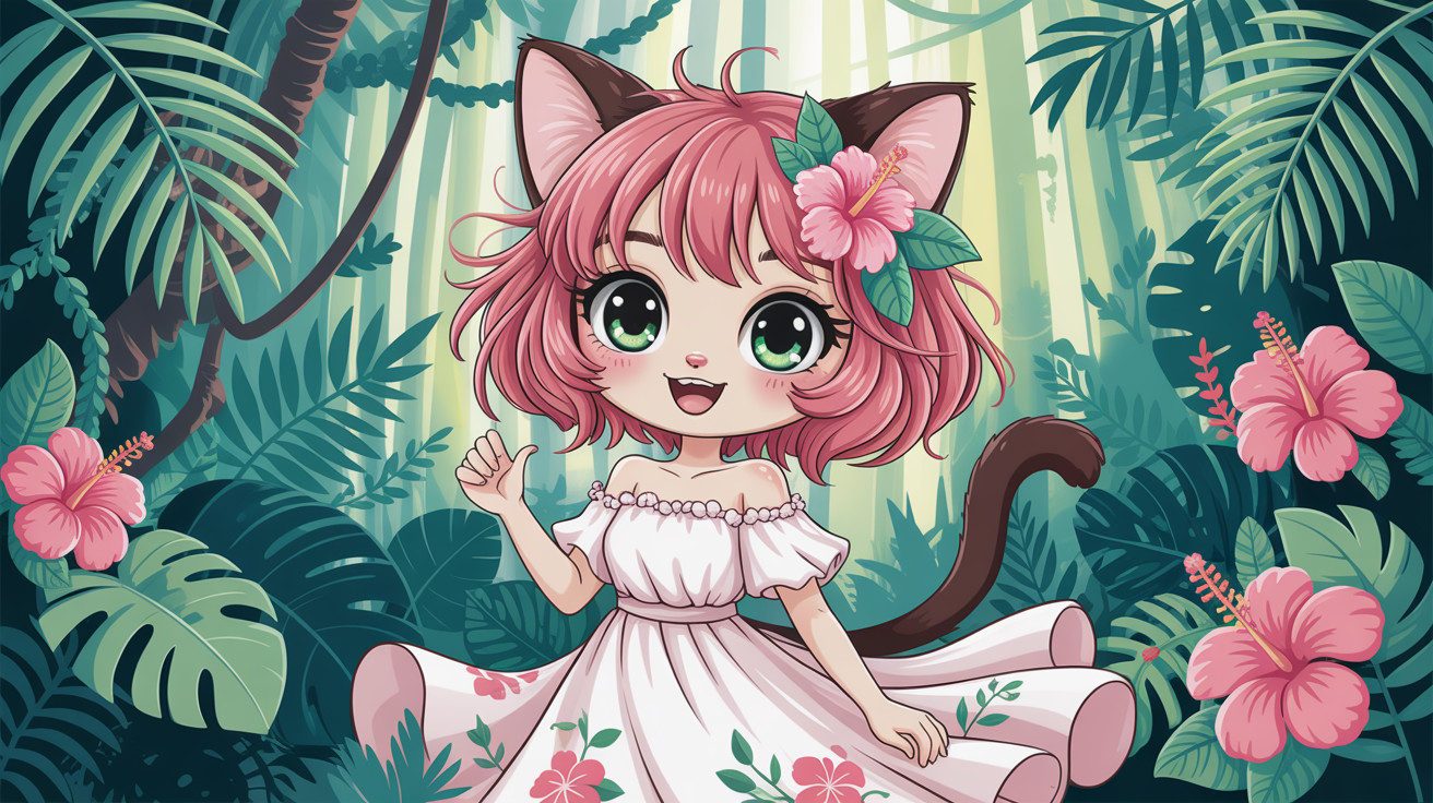 Anime Girl in Jungle with Cat Features and Dress